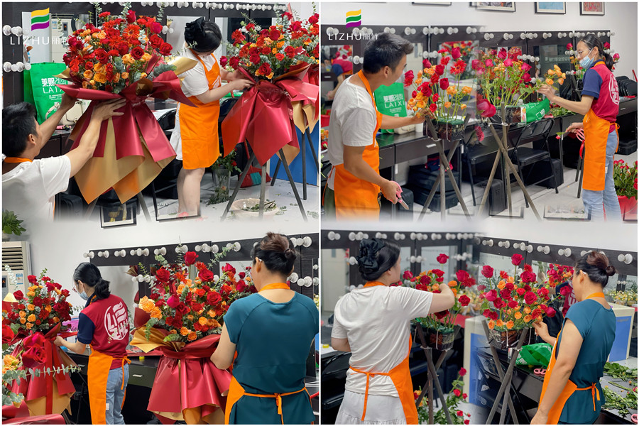 玫瑰開業(yè)花籃制作，廣西插花師學(xué)校學(xué)員作品