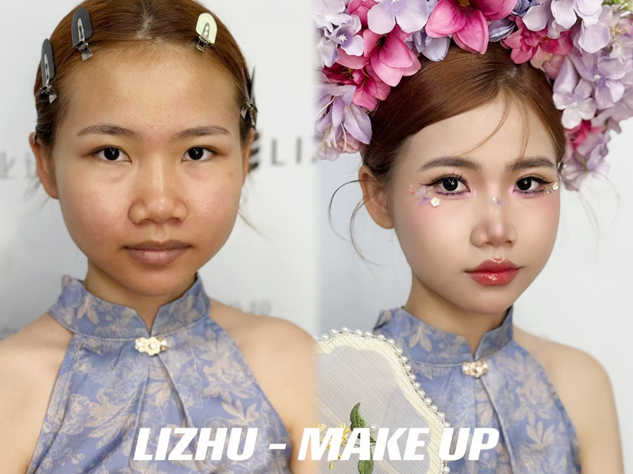簪花造型課堂實況，廣西美妝課堂作品欣賞