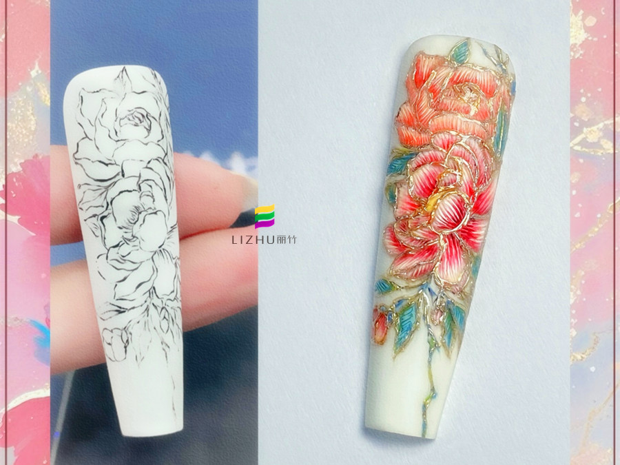 國風(fēng)刺繡牡丹美甲，廣西美甲設(shè)計(jì)學(xué)校作品